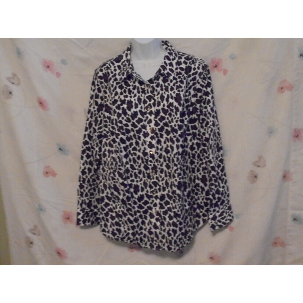 Talbots Shirt Plus Animal Print Button Up Long Sleeve Top Cotton Size 18W